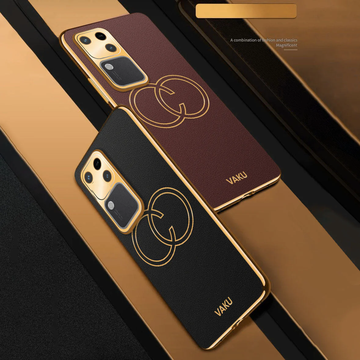 Vaku ® Vivo V30 5G Skylar Leather Pattern Gold Electroplated Soft TPU Back Cover - Image 4