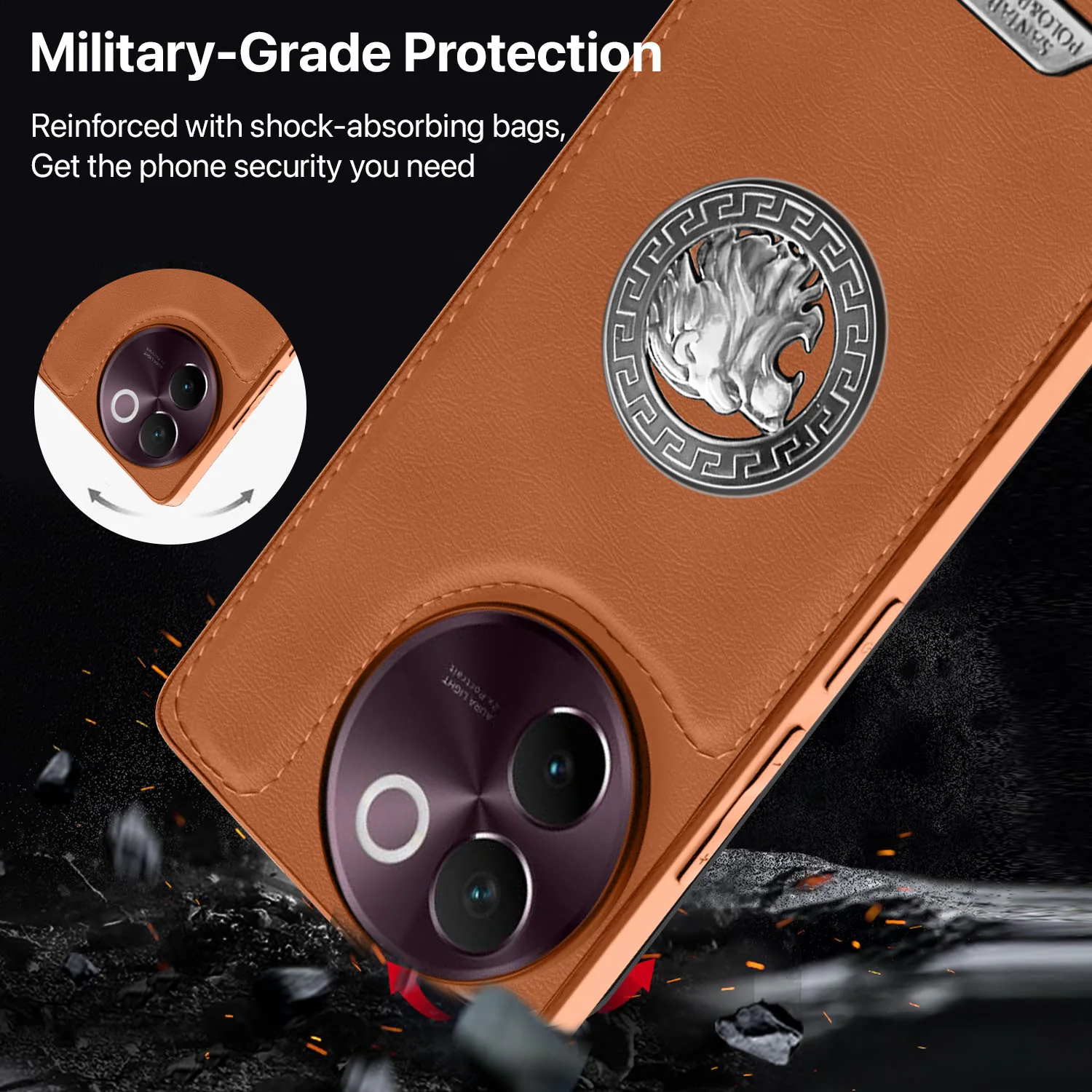 Vaku ® Vivo V30e 5G Regal Shield Metal Lion Engraved Leather Back Cover - Image 4