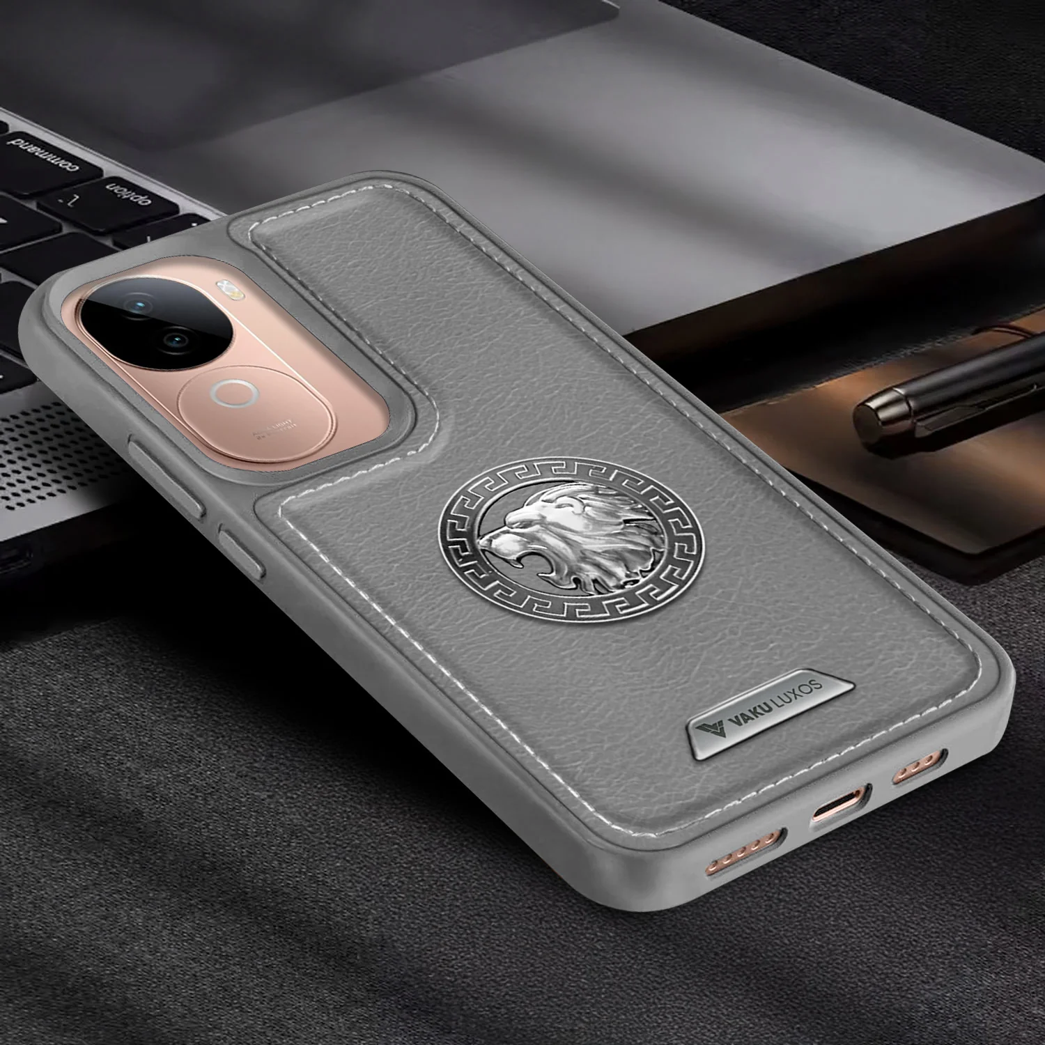 Vaku ® Vivo V40e 5G Regal Shield Metal Lion Engraved Leather Back Cover - Image 11