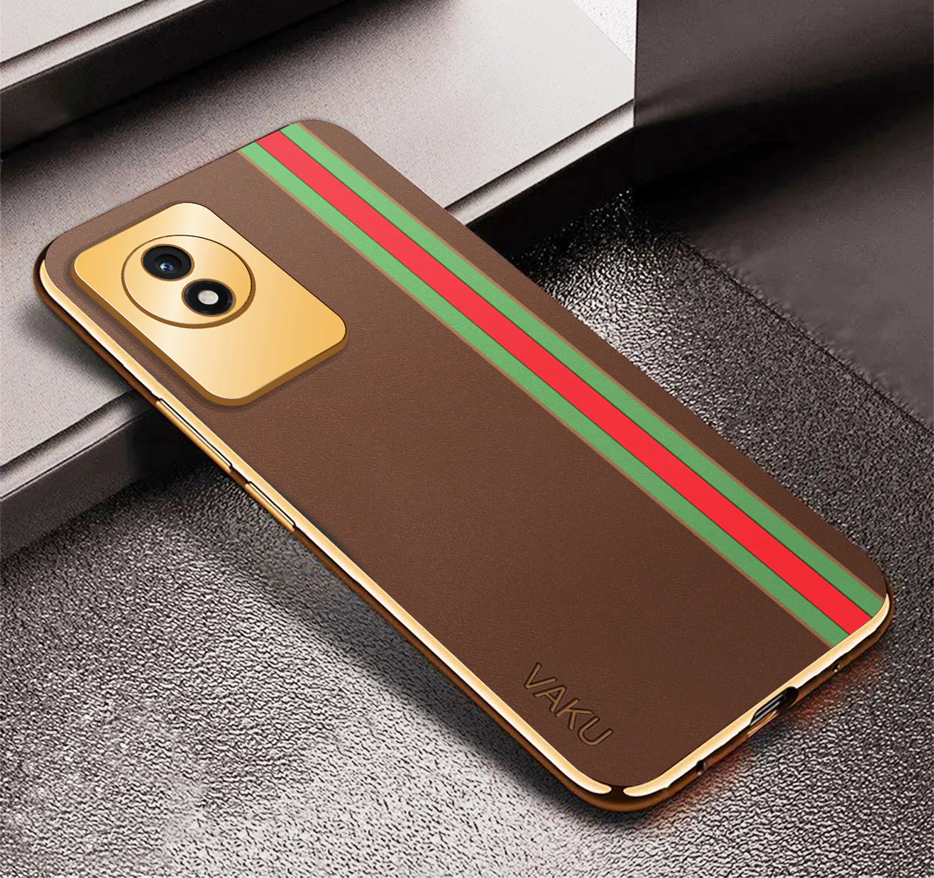 Vaku® Vivo Y02 Felix Line Leather Pattern Gold Electroplated Soft TPU Back Cover Case - Image 11