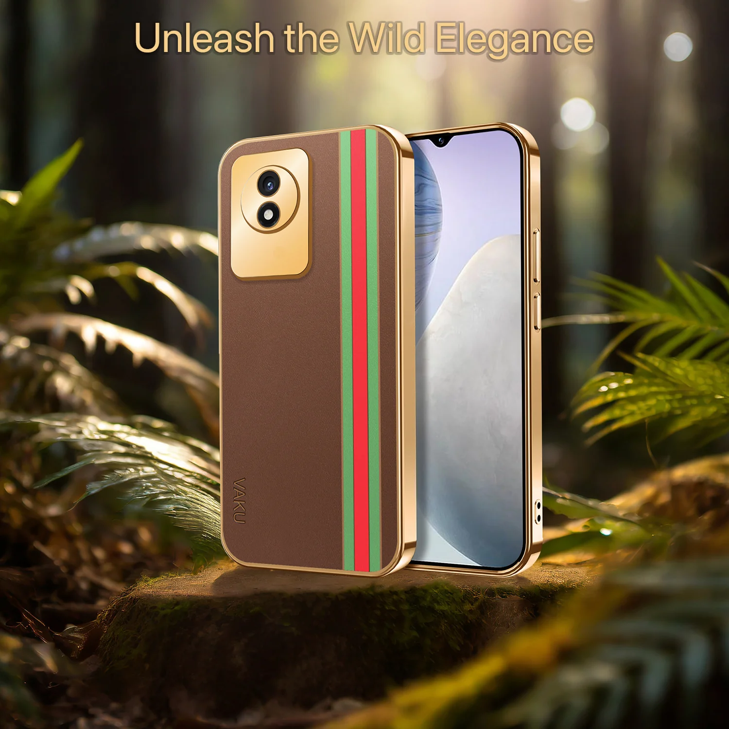Vaku® Vivo Y02 Felix Line Leather Pattern Gold Electroplated Soft TPU Back Cover Case - Image 13