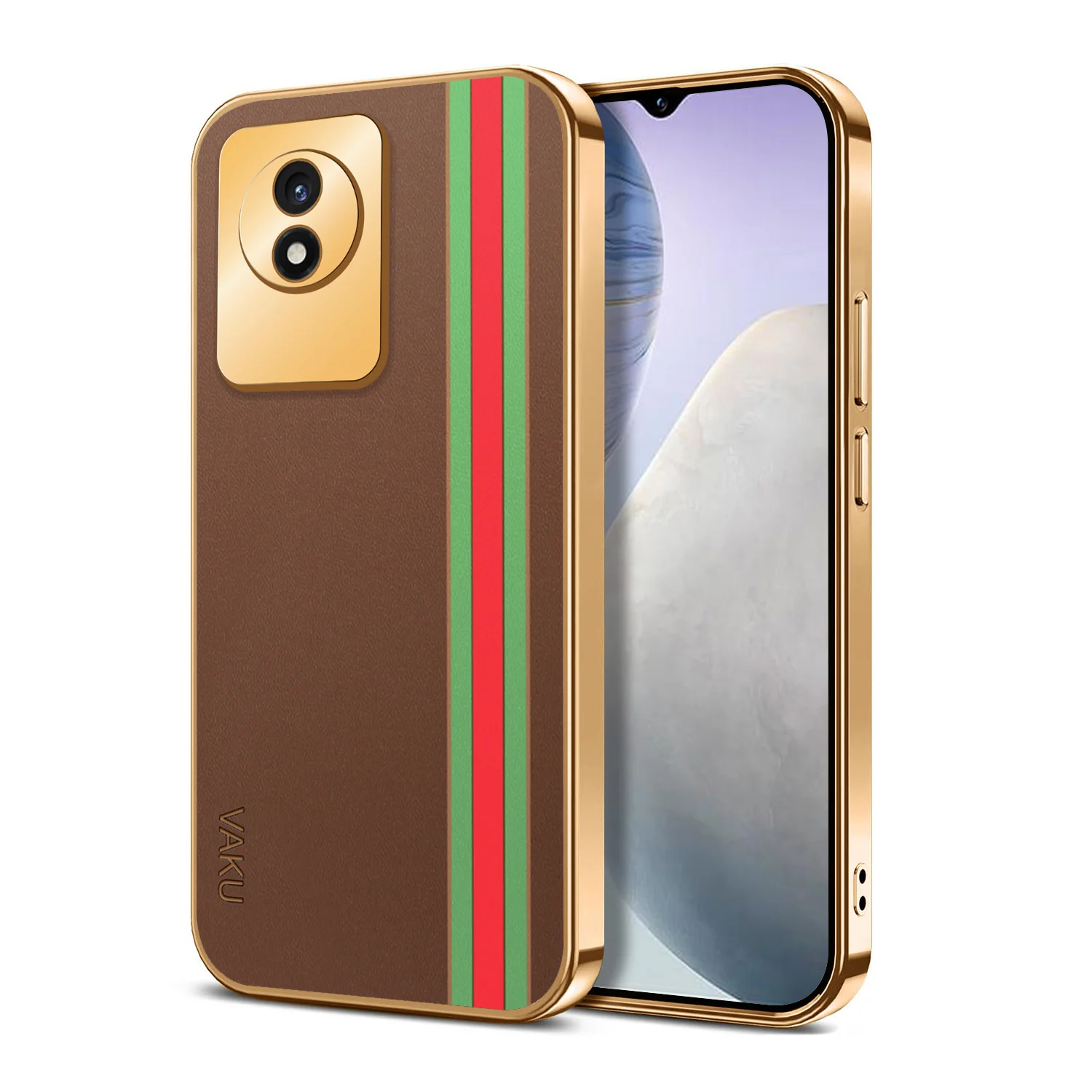 Vaku® Vivo Y02 Felix Line Leather Pattern Gold Electroplated Soft TPU Back Cover Case - Image 14