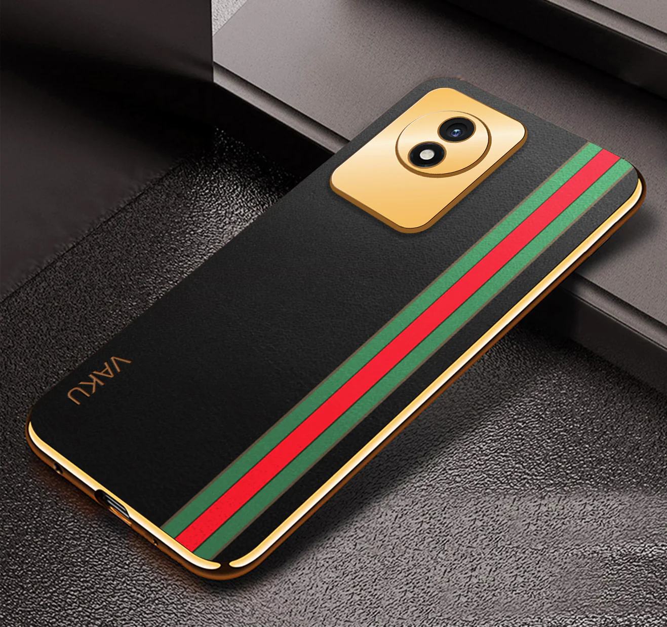 Vaku® Vivo Y02 Felix Line Leather Pattern Gold Electroplated Soft TPU Back Cover Case - Image 3