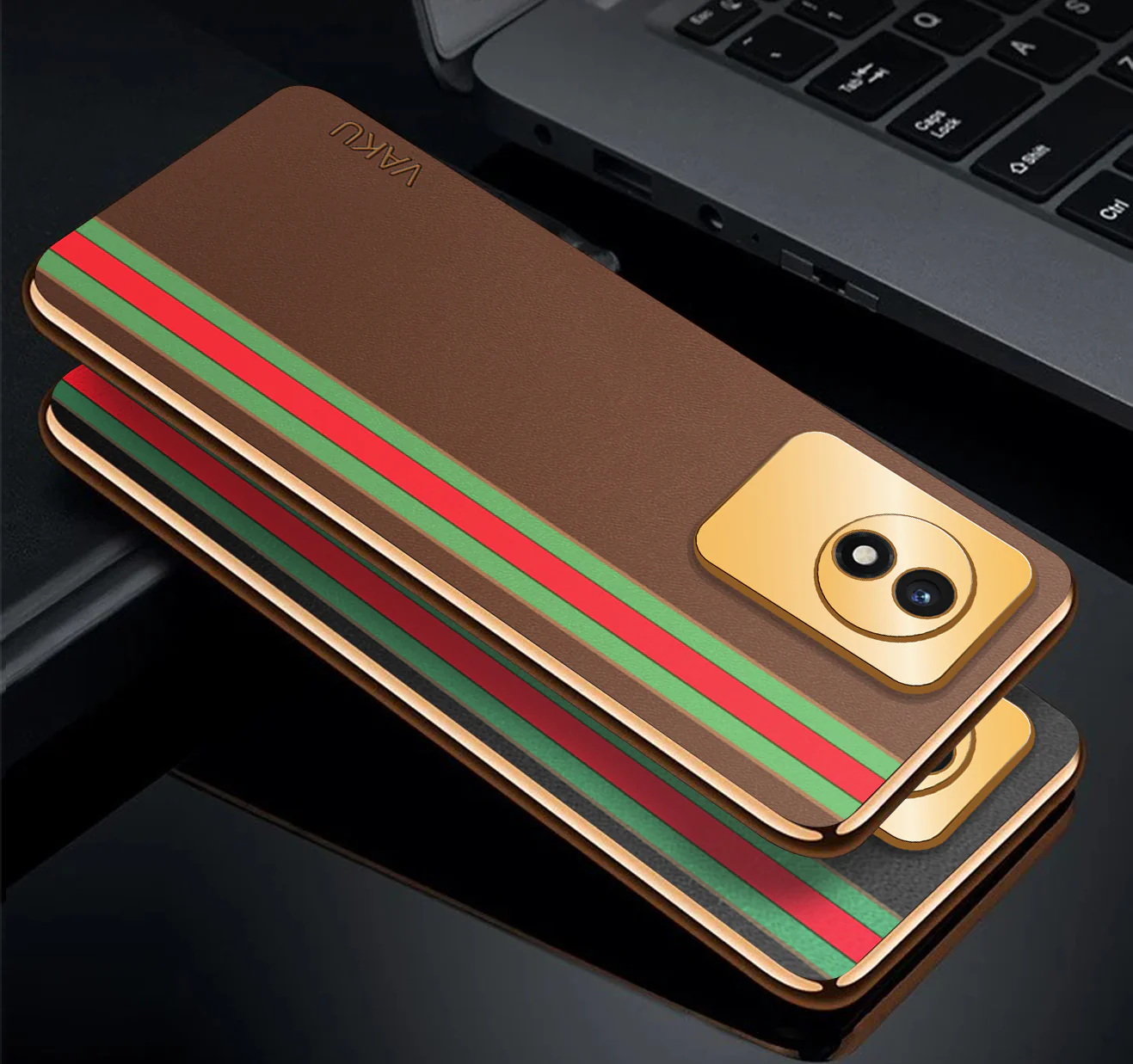 Vaku® Vivo Y02 Felix Line Leather Pattern Gold Electroplated Soft TPU Back Cover Case - Image 4