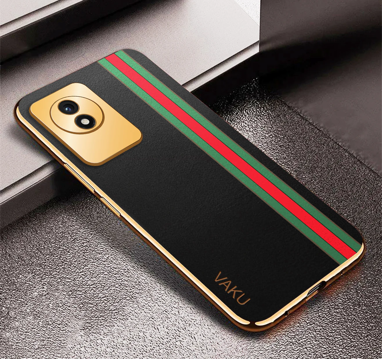 Vaku® Vivo Y02 Felix Line Leather Pattern Gold Electroplated Soft TPU Back Cover Case - Image 5