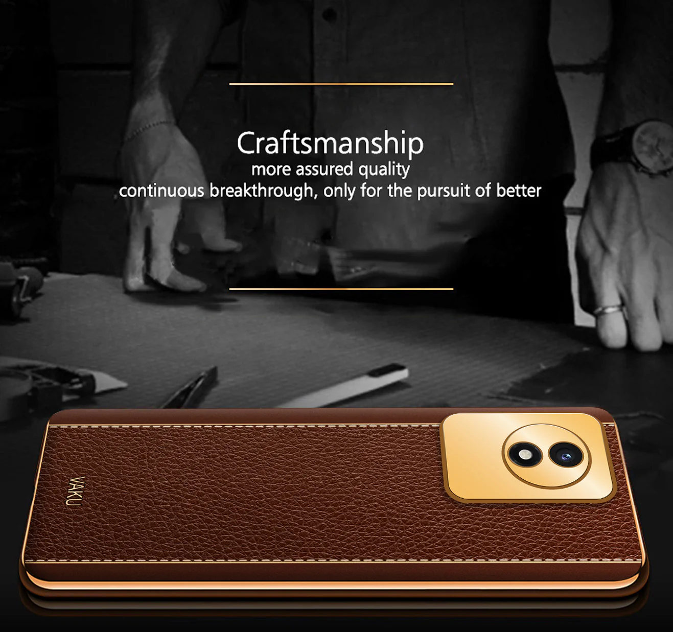 Vaku® Vivo Y02 Luxemberg Series Leather Stitched Gold Electroplated Soft TPU Back Cover - Image 12