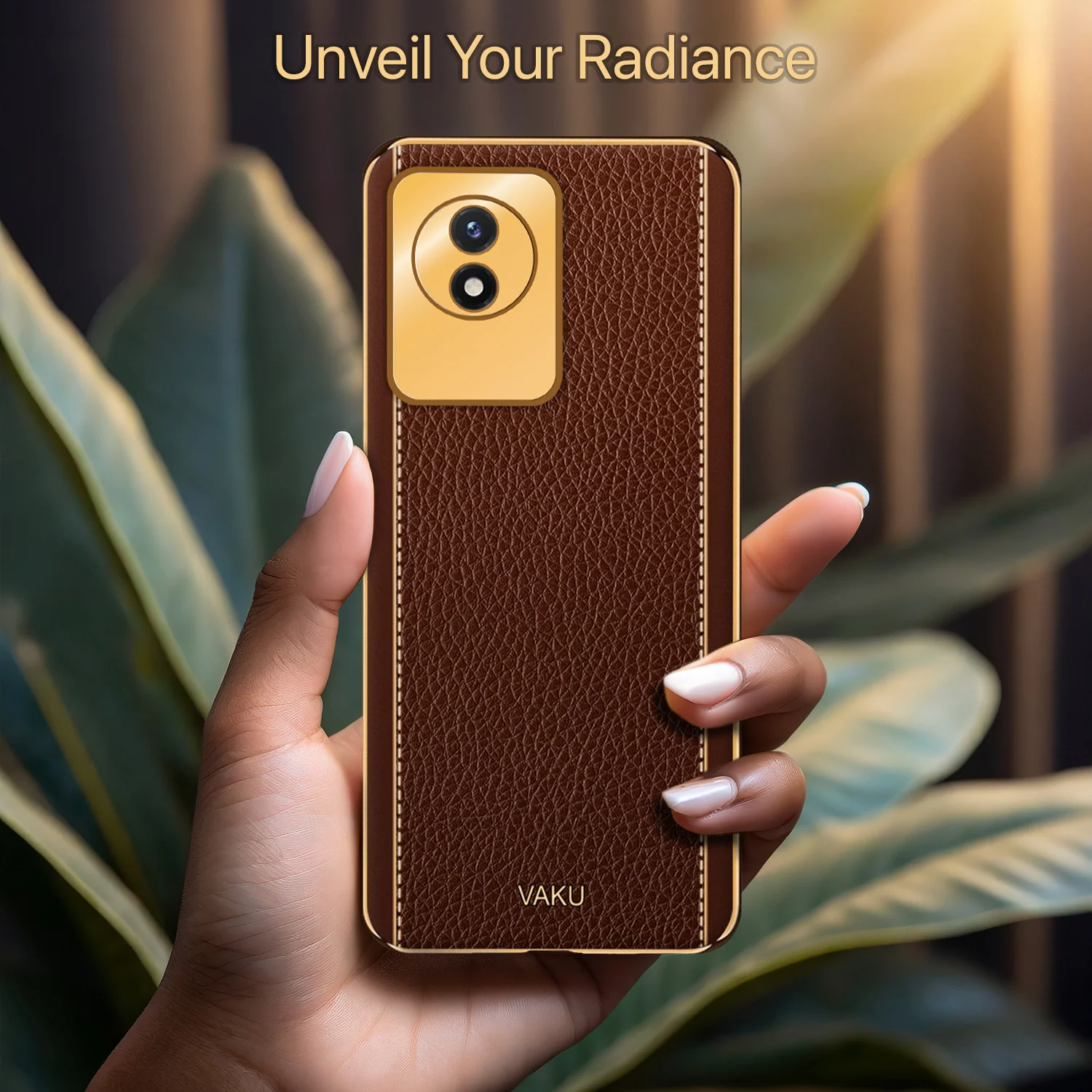 Vaku® Vivo Y02 Luxemberg Series Leather Stitched Gold Electroplated Soft TPU Back Cover - Image 15