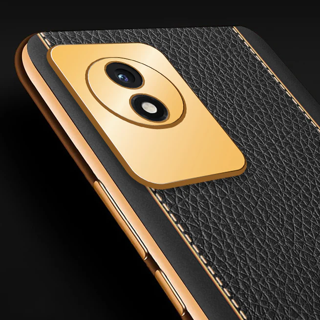 Vaku® Vivo Y02 Luxemberg Series Leather Stitched Gold Electroplated Soft TPU Back Cover - Image 2