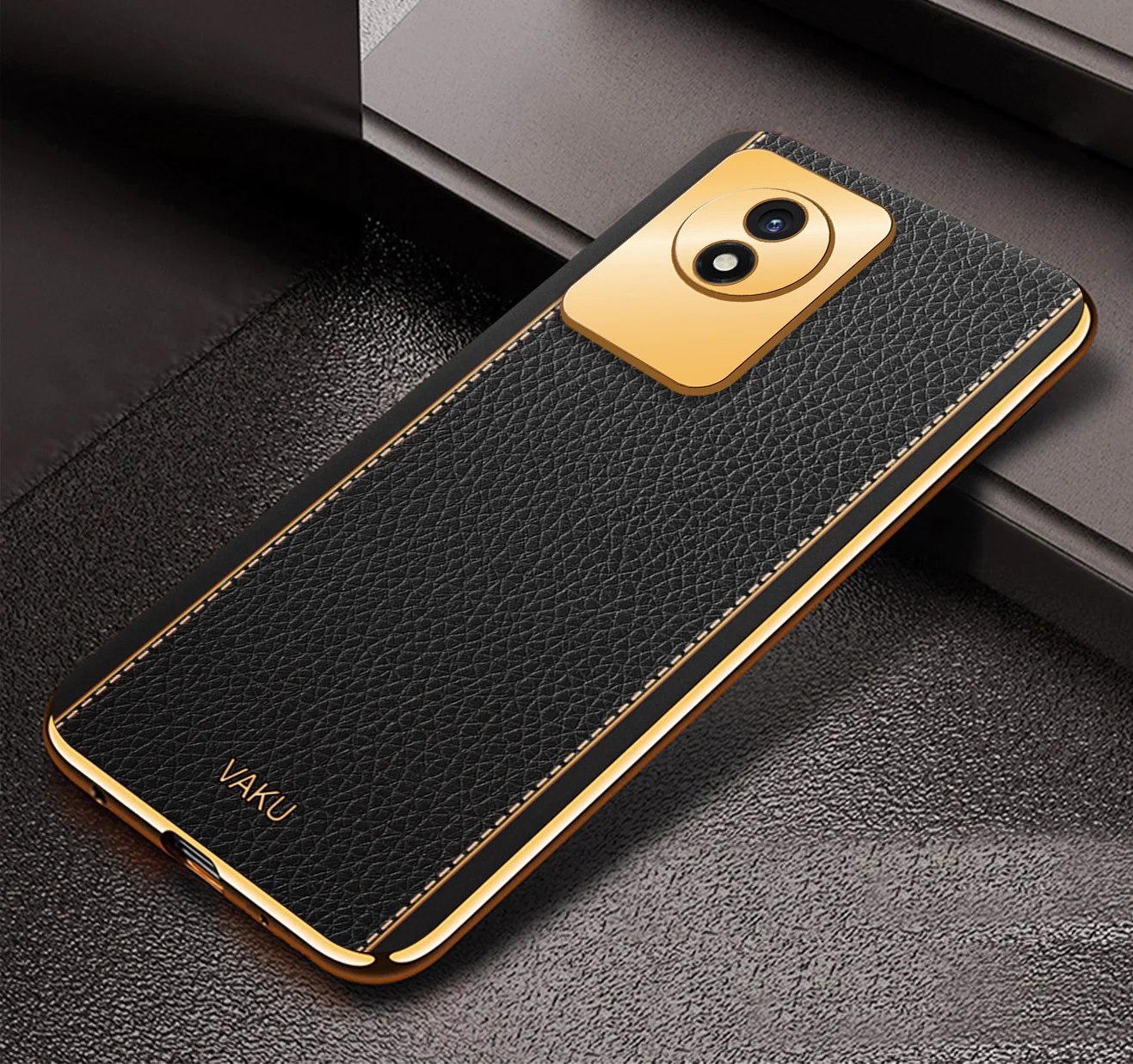 Vaku® Vivo Y02 Luxemberg Series Leather Stitched Gold Electroplated Soft TPU Back Cover - Image 4