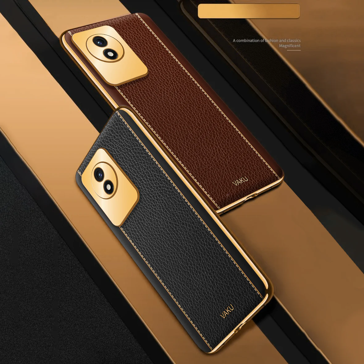 Vaku® Vivo Y02 Luxemberg Series Leather Stitched Gold Electroplated Soft TPU Back Cover - Image 5