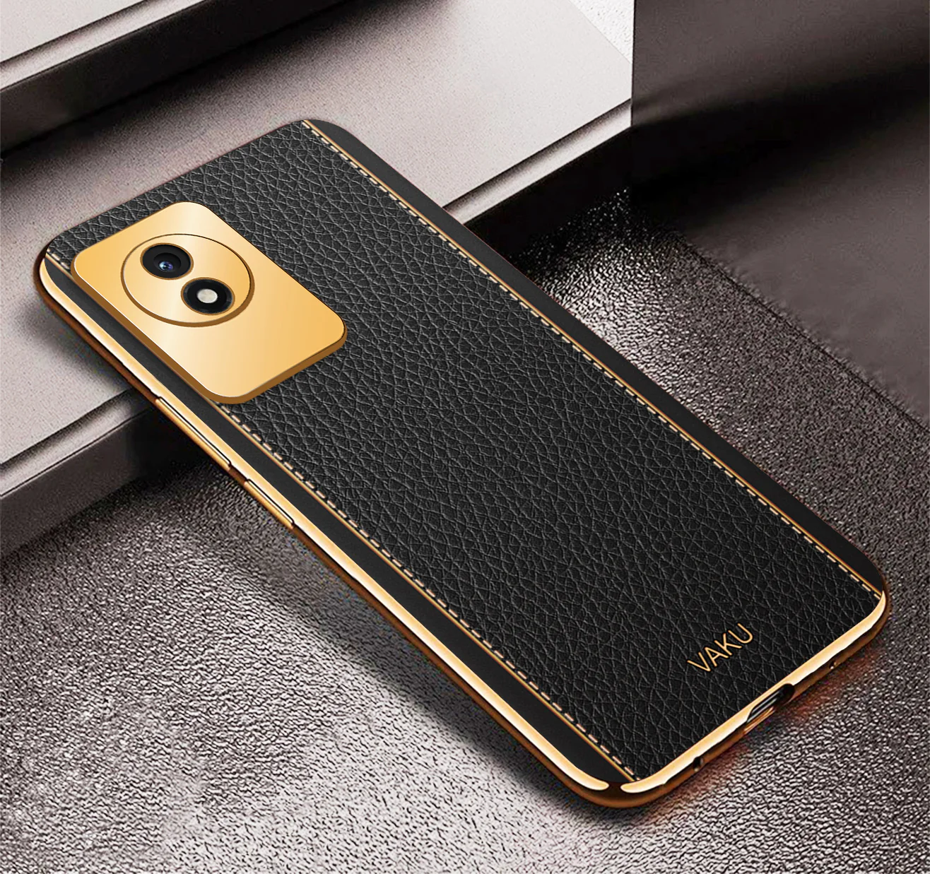 Vaku® Vivo Y02 Luxemberg Series Leather Stitched Gold Electroplated Soft TPU Back Cover - Image 6