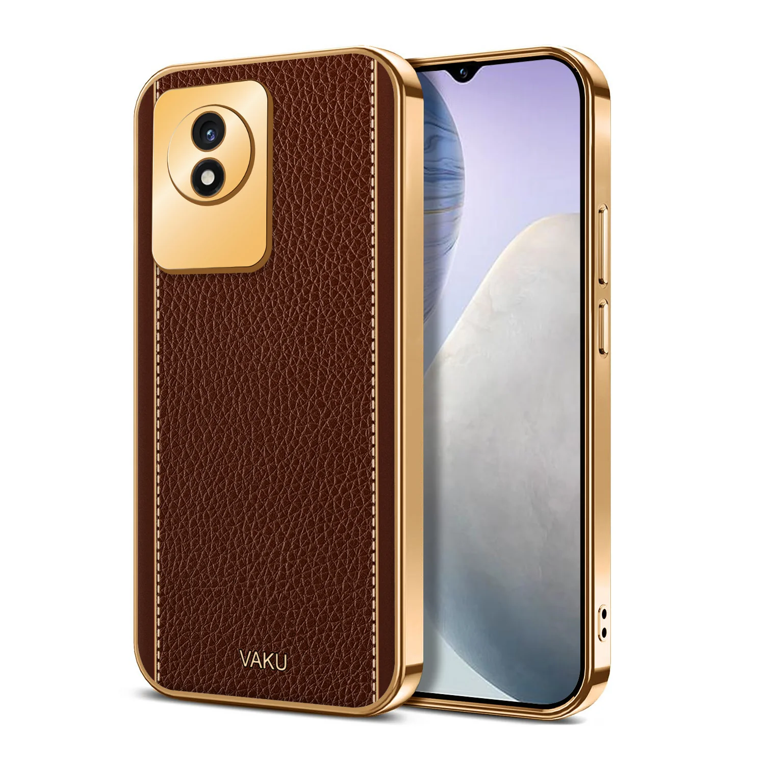 Vaku® Vivo Y02 Luxemberg Series Leather Stitched Gold Electroplated Soft TPU Back Cover - Image 7