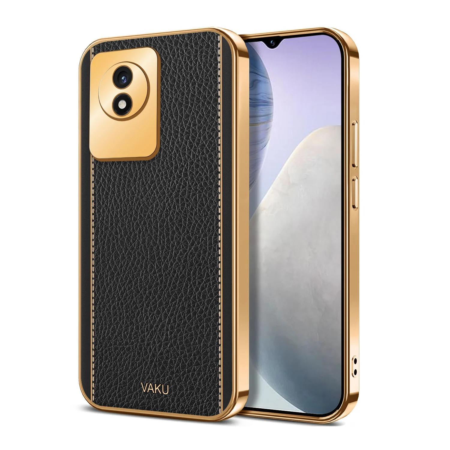 Vaku® Vivo Y02 Luxemberg Series Leather Stitched Gold Electroplated Soft TPU Back Cover - Image 8