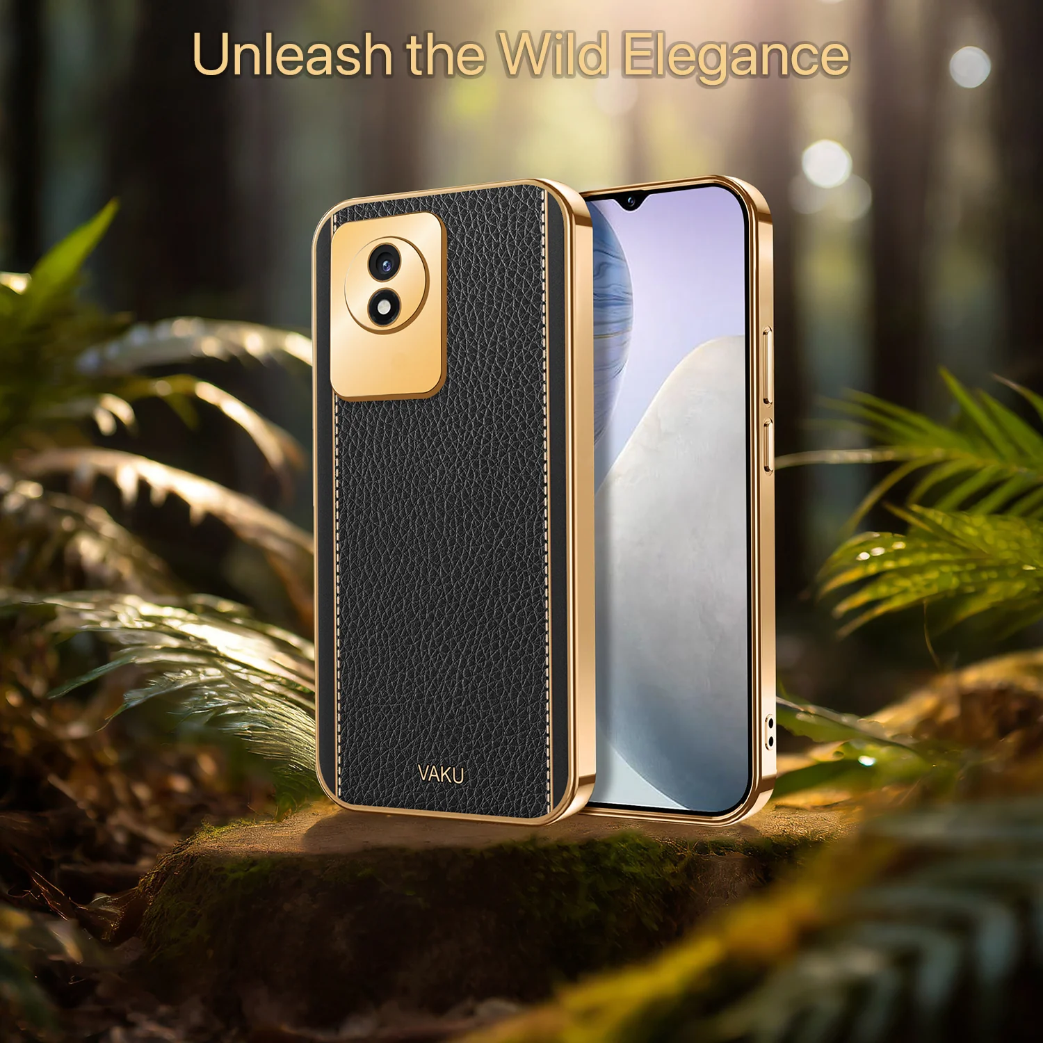 Vaku® Vivo Y02 Luxemberg Series Leather Stitched Gold Electroplated Soft TPU Back Cover - Image 9