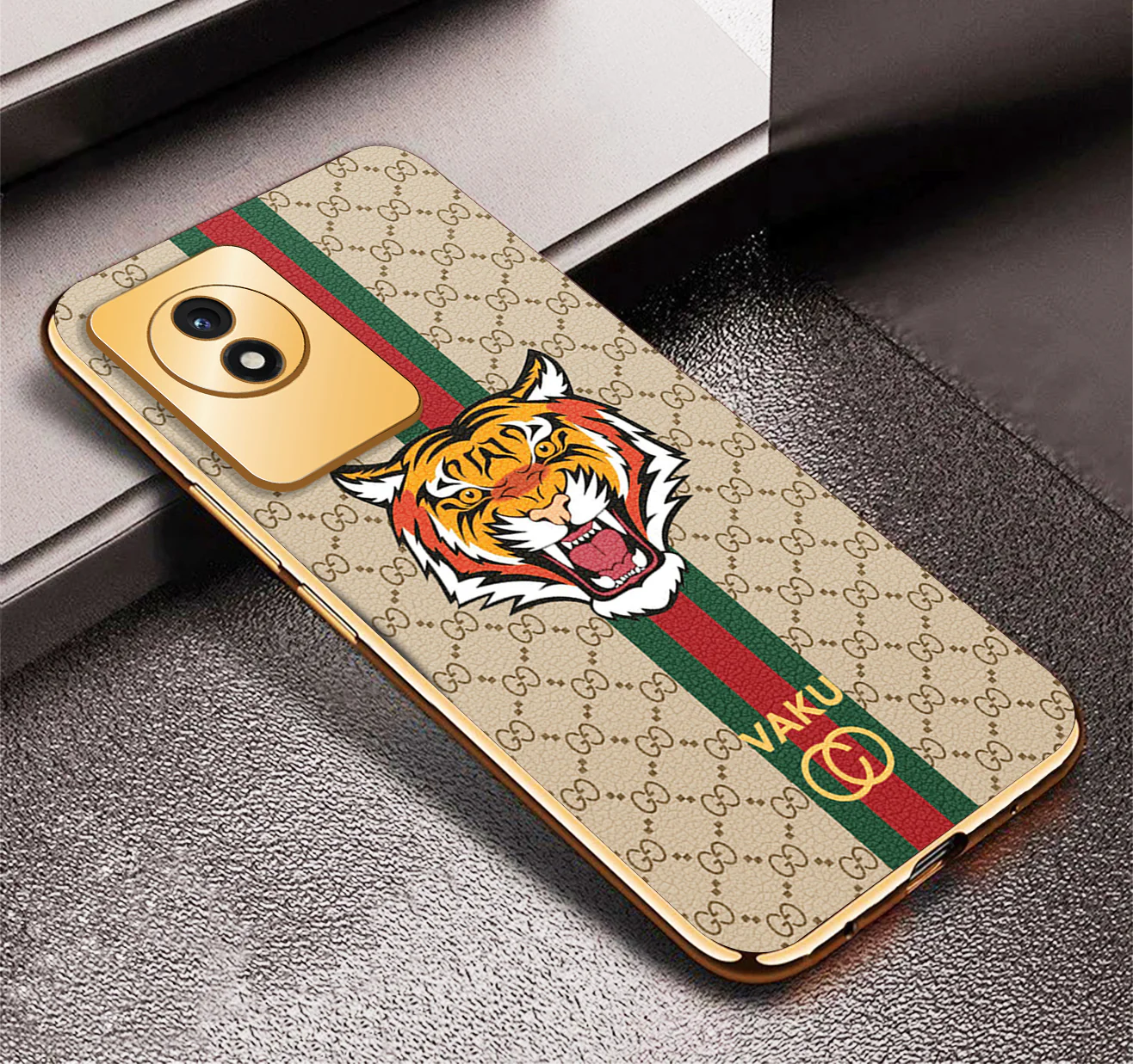 Vaku® Vivo Y02 Lynx Designer Leather Pattern Gold Electroplated Soft TPU Back Cover Case - Image 10