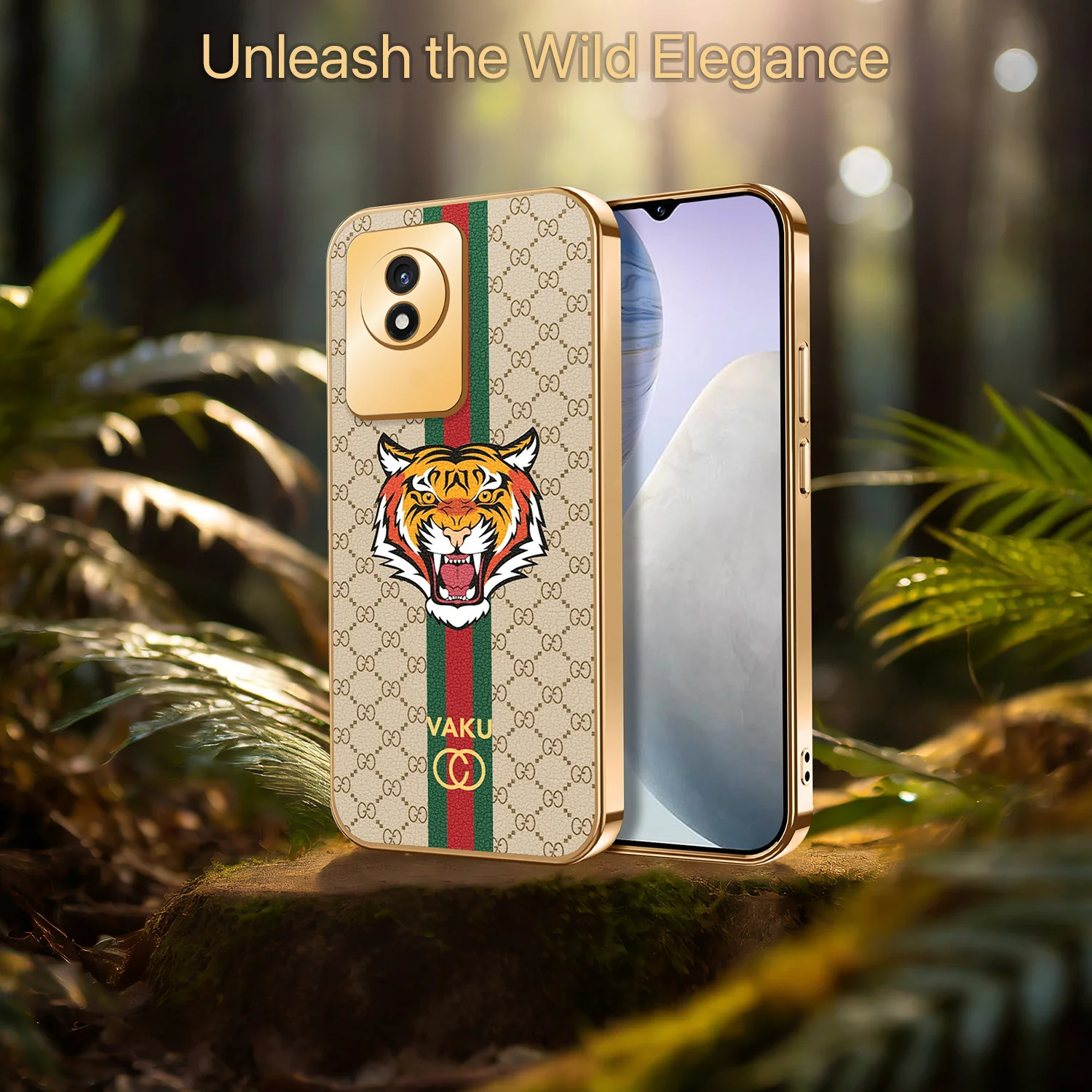 Vaku® Vivo Y02 Lynx Designer Leather Pattern Gold Electroplated Soft TPU Back Cover Case - Image 12
