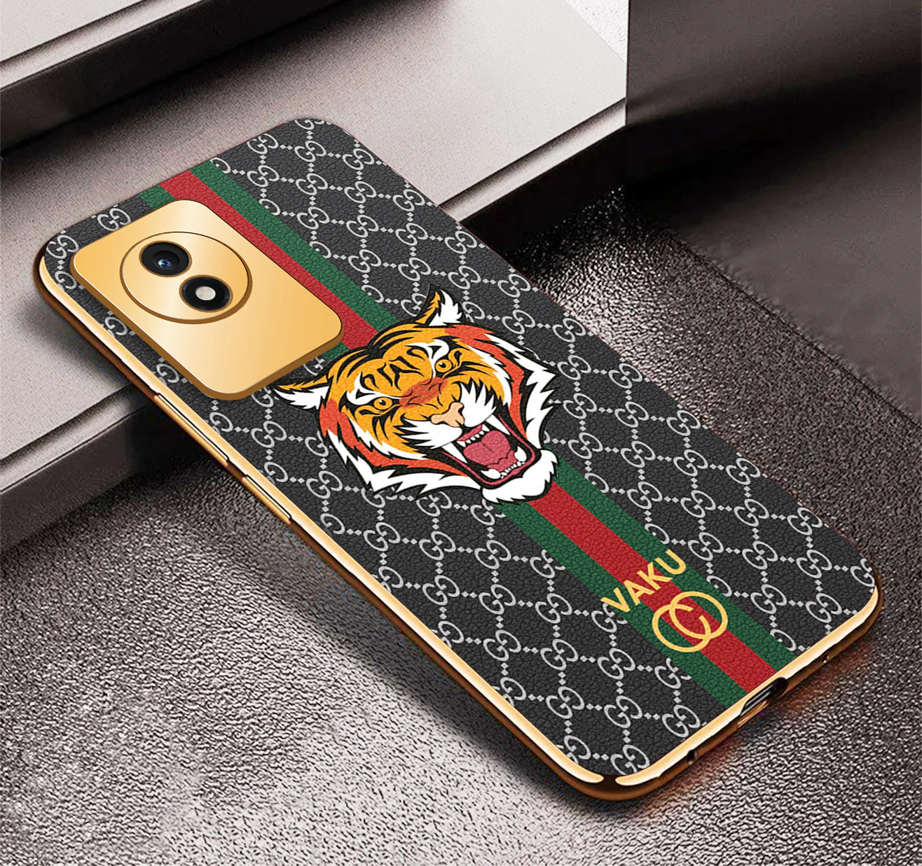 Vaku® Vivo Y02 Lynx Designer Leather Pattern Gold Electroplated Soft TPU Back Cover Case - Image 13