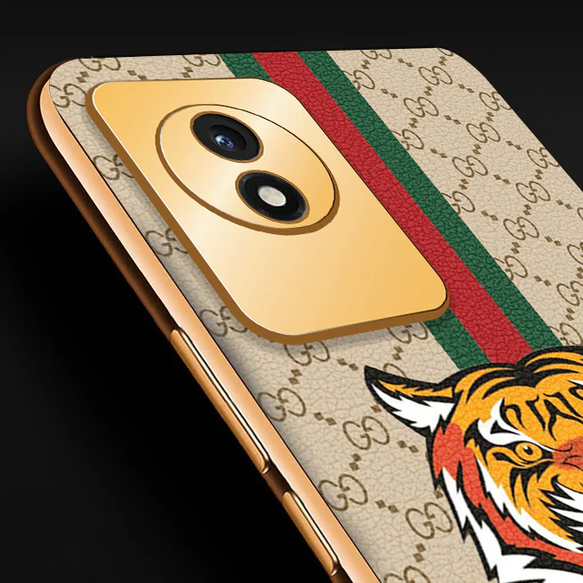 Vaku® Vivo Y02 Lynx Designer Leather Pattern Gold Electroplated Soft TPU Back Cover Case - Image 2