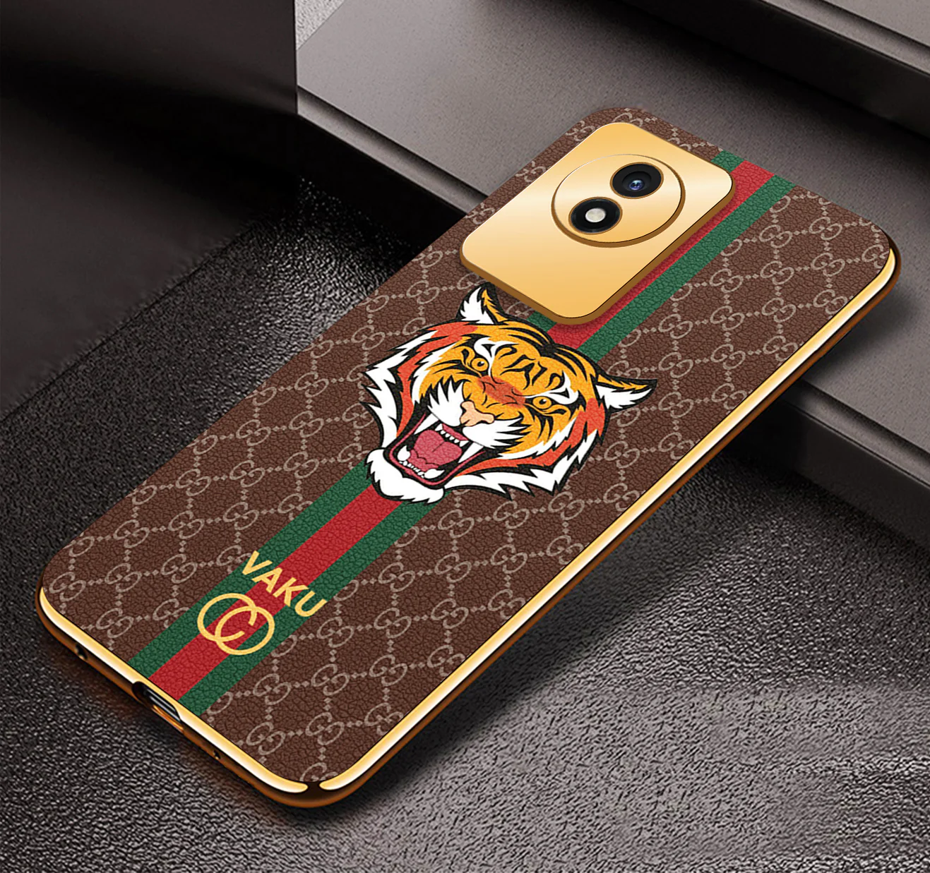 Vaku® Vivo Y02 Lynx Designer Leather Pattern Gold Electroplated Soft TPU Back Cover Case - Image 3