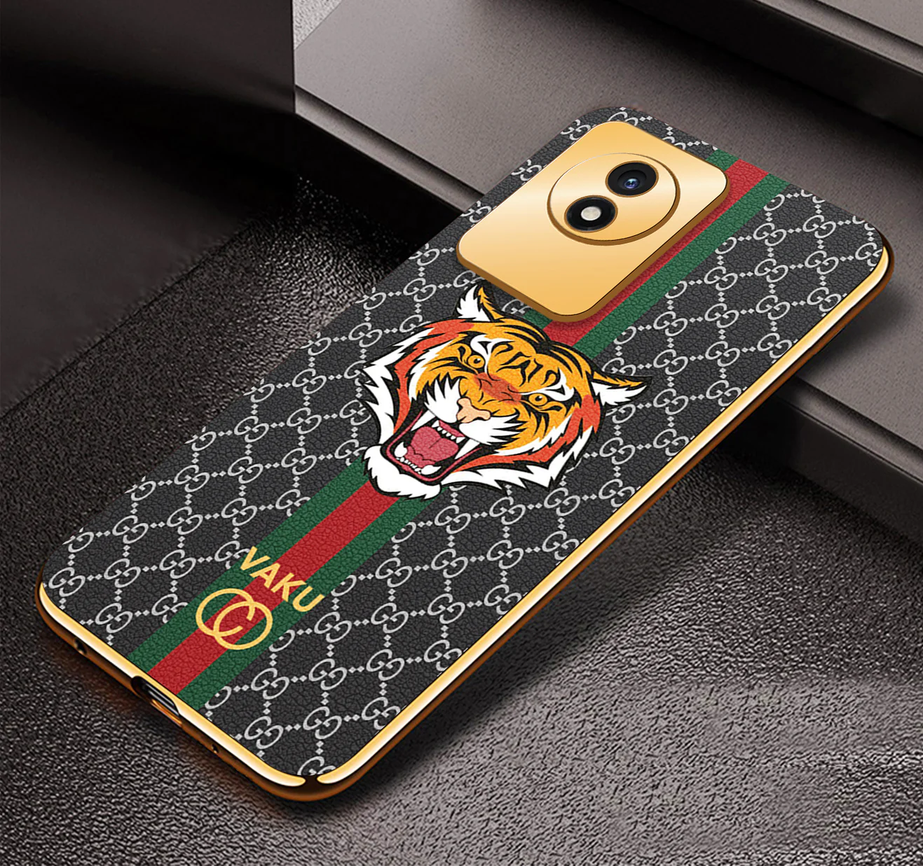 Vaku® Vivo Y02 Lynx Designer Leather Pattern Gold Electroplated Soft TPU Back Cover Case - Image 4