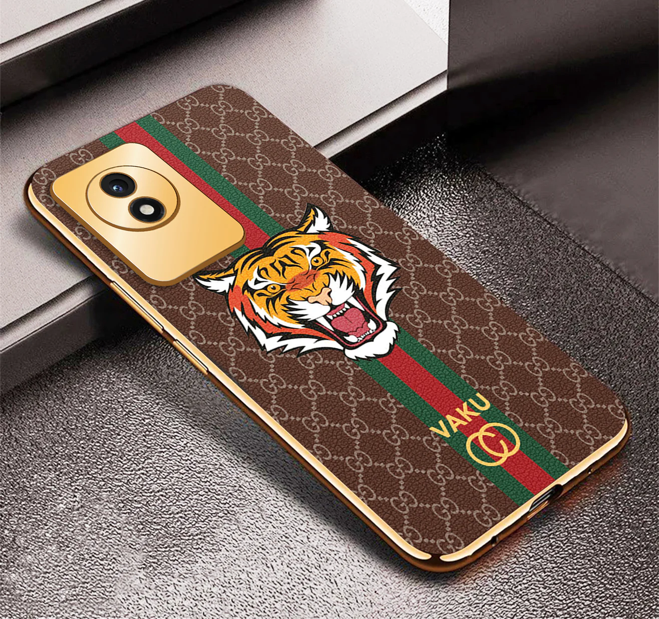 Vaku® Vivo Y02 Lynx Designer Leather Pattern Gold Electroplated Soft TPU Back Cover Case - Image 7