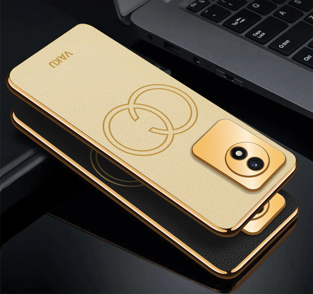 Vaku ® Vivo Y02 Skylar Leather Pattern Gold Electroplated Soft TPU Back Cover - Image 3