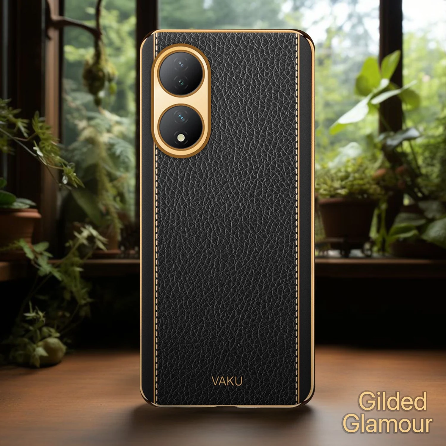 Vaku® Vivo Y100A 5G Luxemberg Leather Pattern Gold Electroplated Soft TPU Back Cover - Image 2