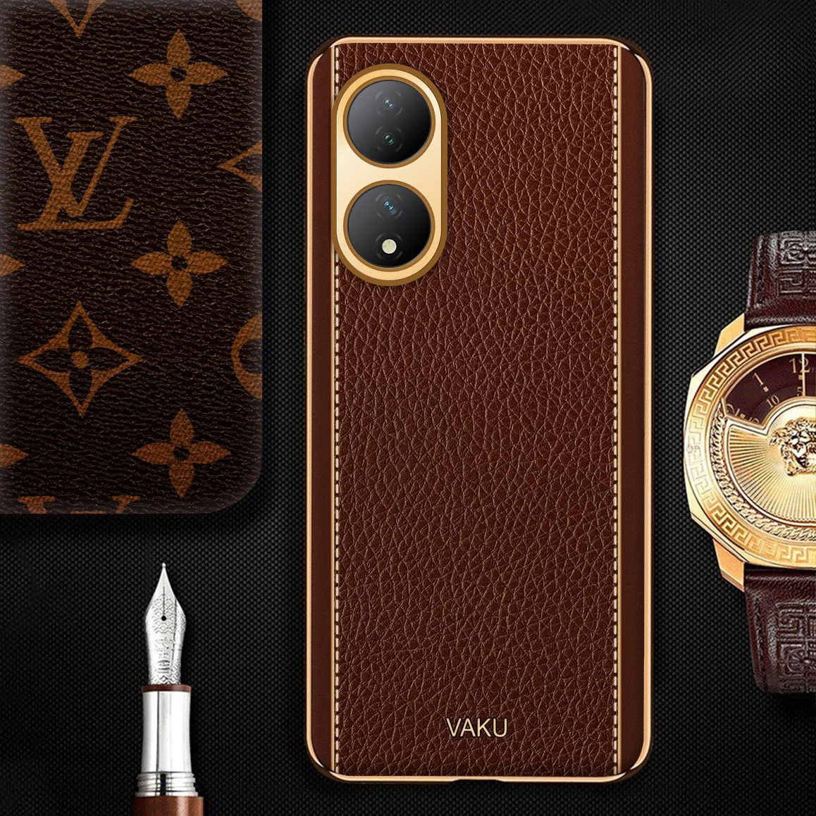Vaku® Vivo Y100A 5G Luxemberg Leather Pattern Gold Electroplated Soft TPU Back Cover - Image 9