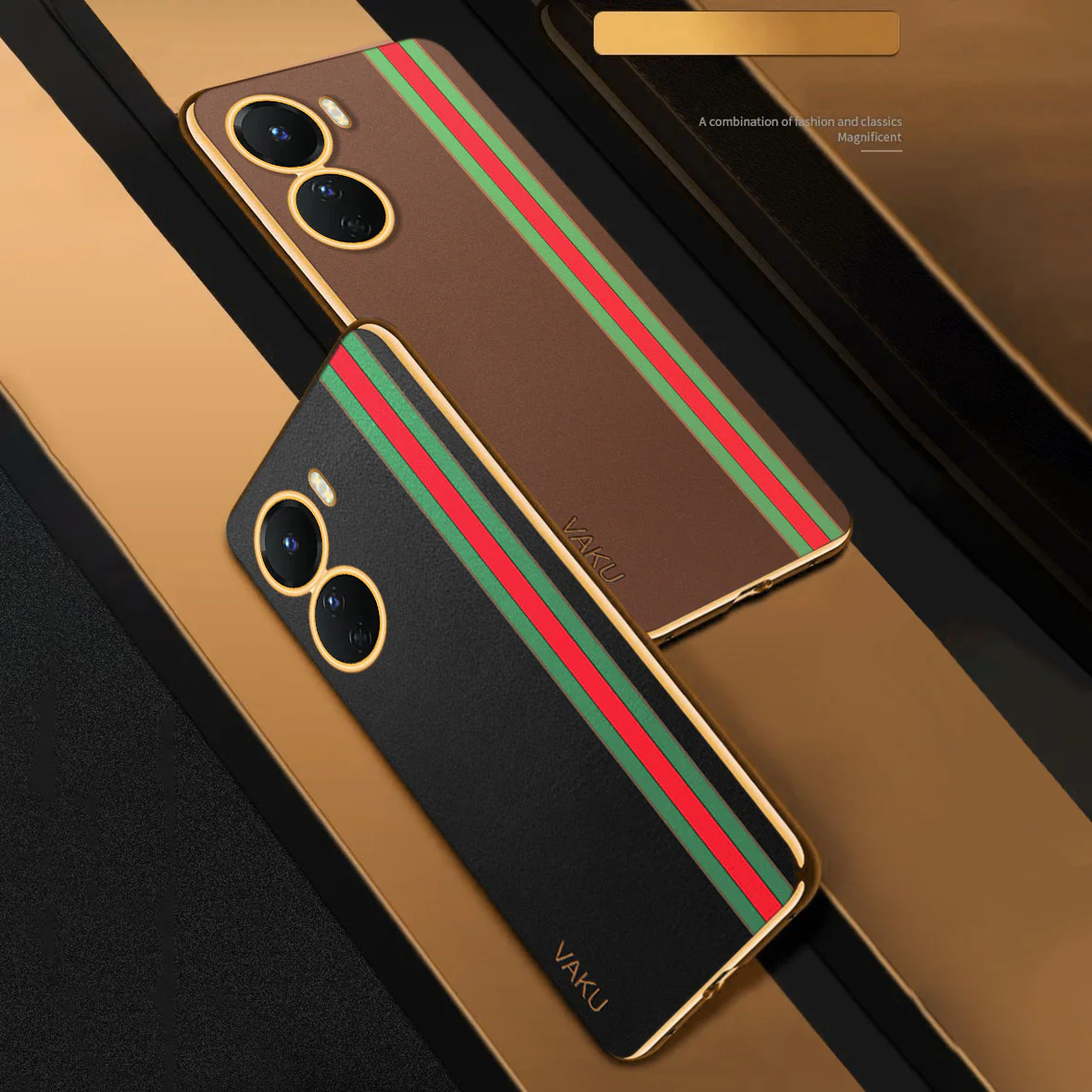 Vaku® Vivo Y16 Felix Line Leather Stitched Gold Electroplated Soft TPU Back Cover Case - Image 10