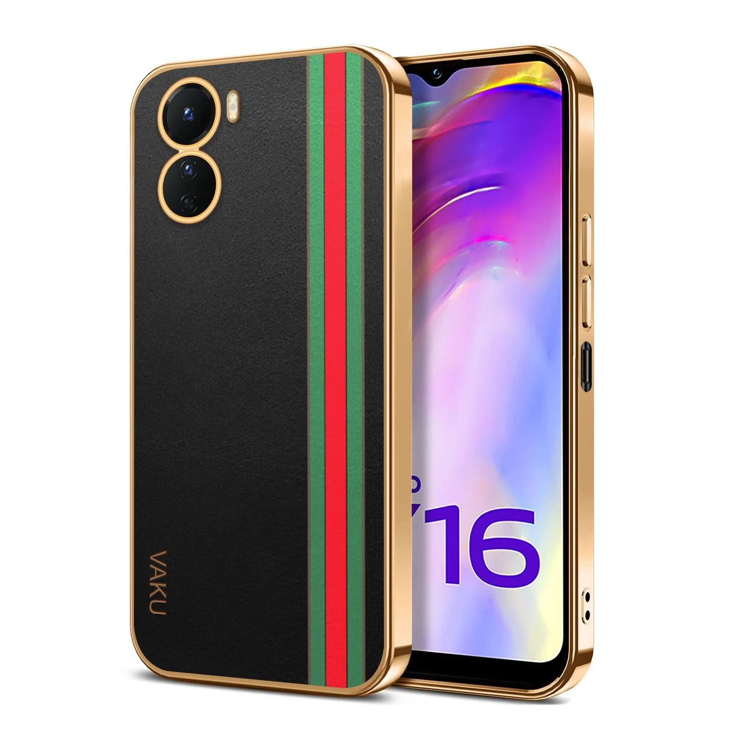 Vaku® Vivo Y16 Felix Line Leather Stitched Gold Electroplated Soft TPU Back Cover Case - Image 11