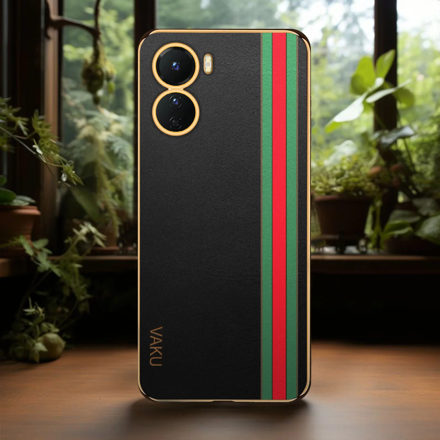Vaku® Vivo Y16 Felix Line Leather Stitched Gold Electroplated Soft TPU Back Cover Case - Image 12