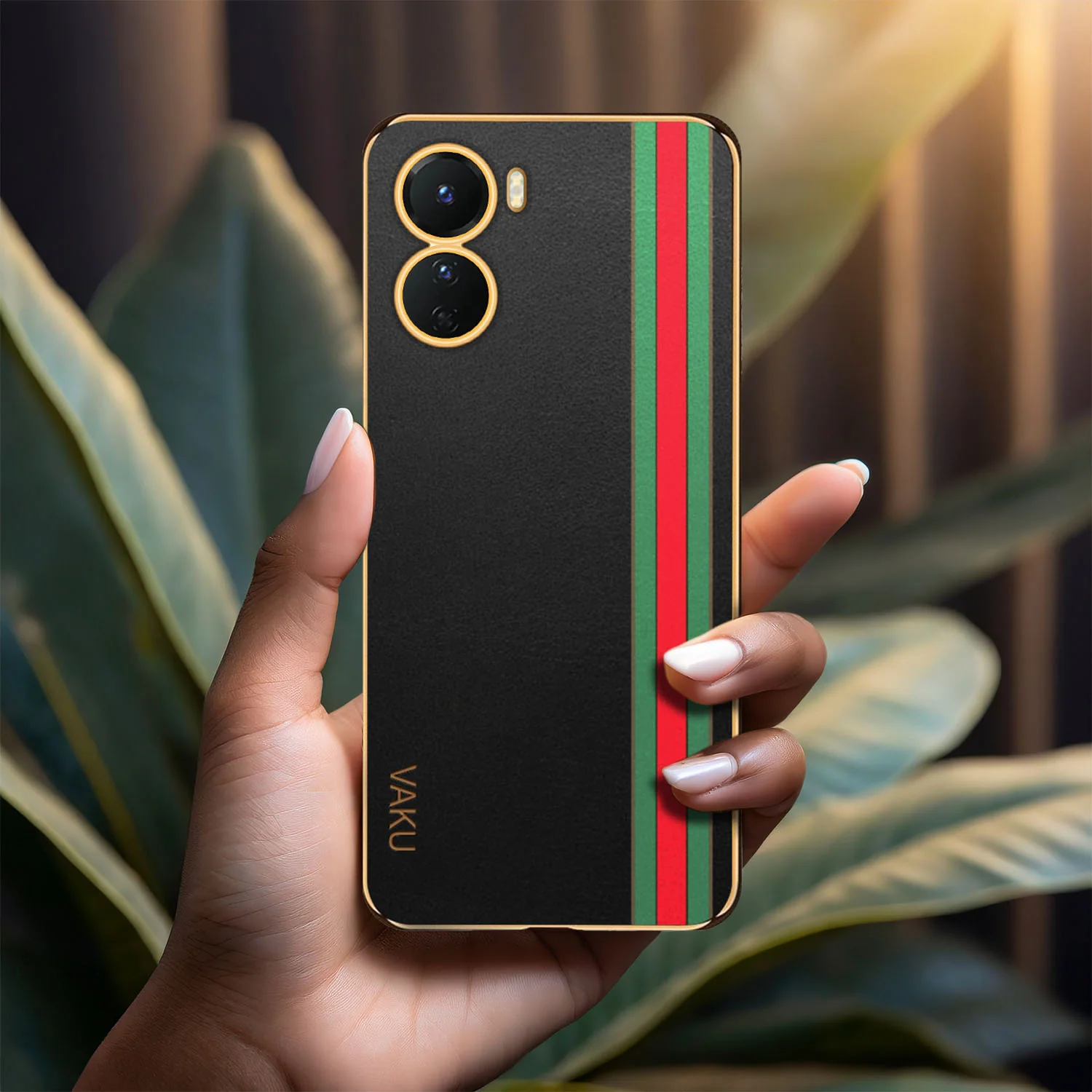Vaku® Vivo Y16 Felix Line Leather Stitched Gold Electroplated Soft TPU Back Cover Case - Image 14