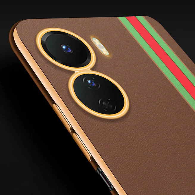 Vaku® Vivo Y16 Felix Line Leather Stitched Gold Electroplated Soft TPU Back Cover Case - Image 2