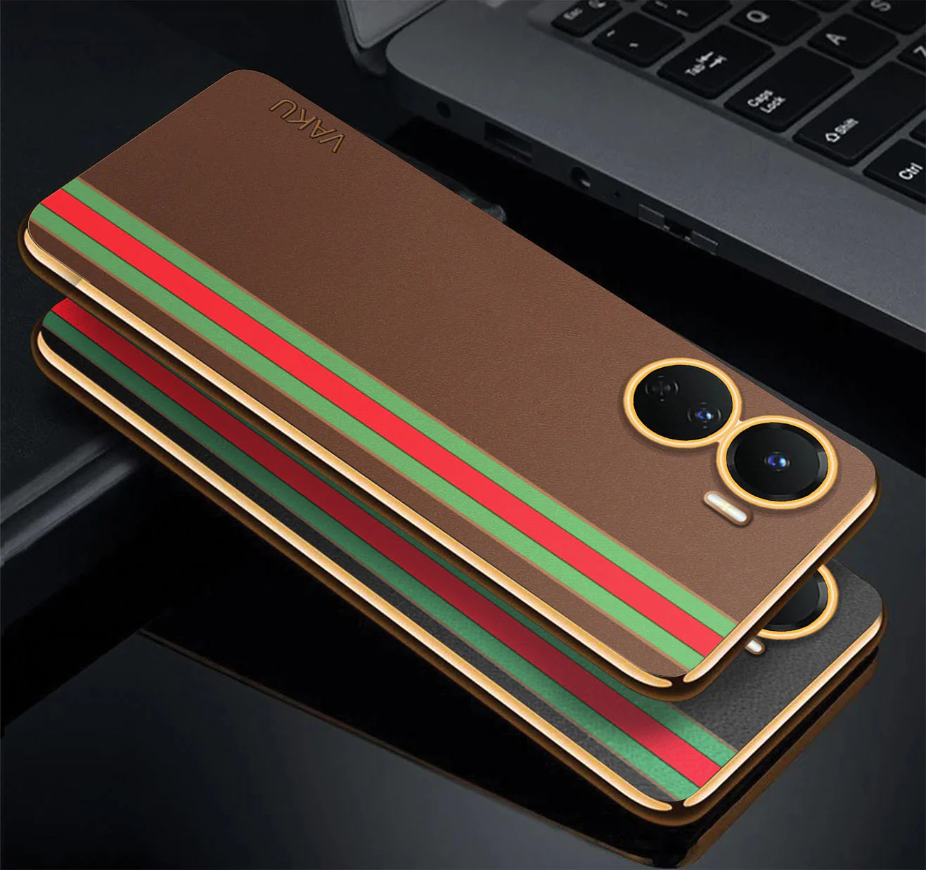 Vaku® Vivo Y16 Felix Line Leather Stitched Gold Electroplated Soft TPU Back Cover Case - Image 3