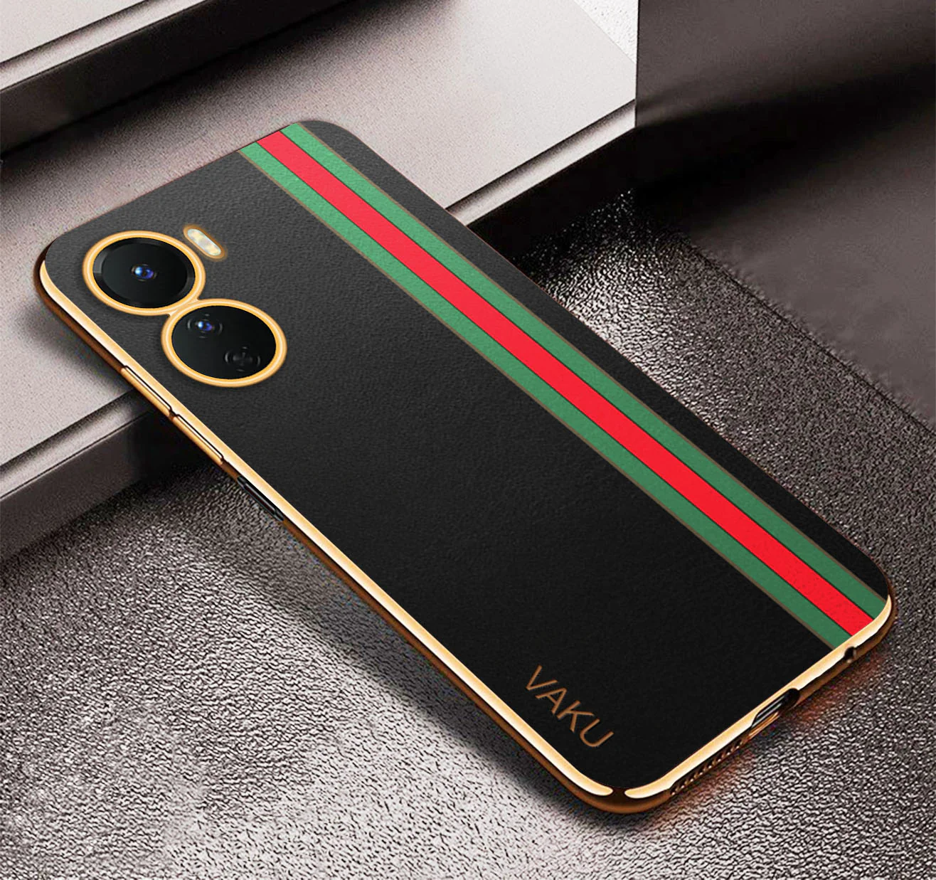 Vaku® Vivo Y16 Felix Line Leather Stitched Gold Electroplated Soft TPU Back Cover Case - Image 4