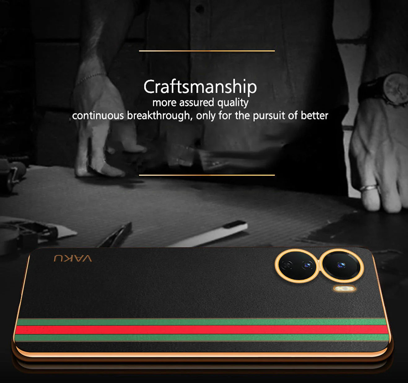 Vaku® Vivo Y16 Felix Line Leather Stitched Gold Electroplated Soft TPU Back Cover Case - Image 5