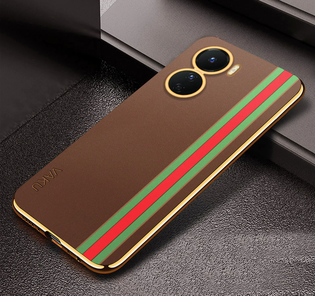 Vaku® Vivo Y16 Felix Line Leather Stitched Gold Electroplated Soft TPU Back Cover Case - Image 7