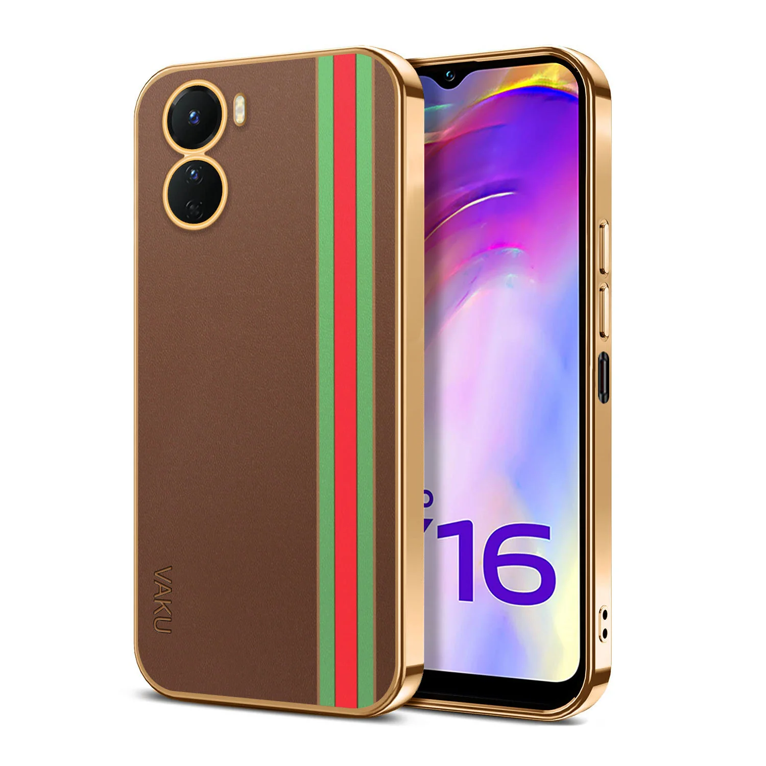 Vaku® Vivo Y16 Felix Line Leather Stitched Gold Electroplated Soft TPU Back Cover Case - Image 8