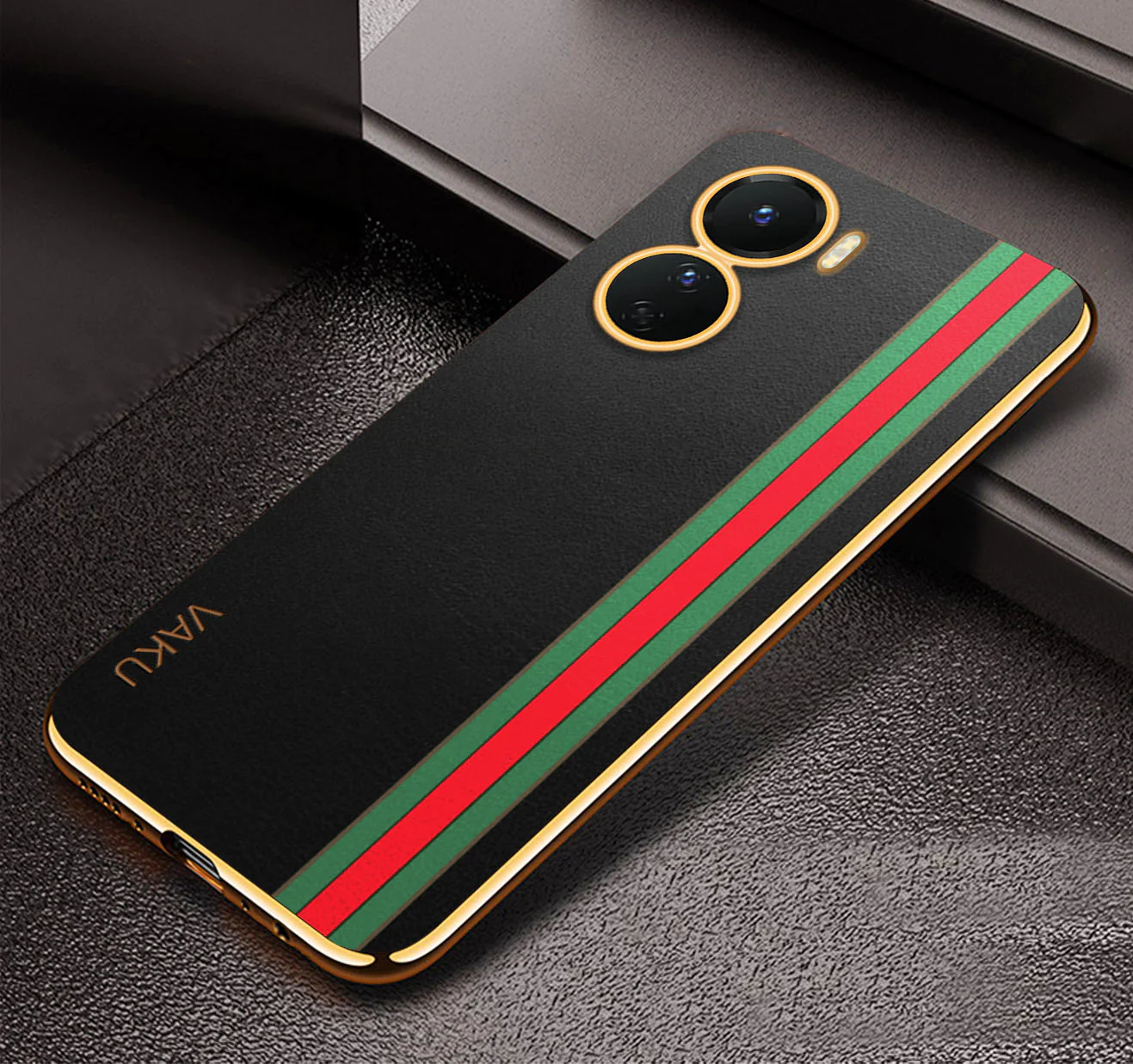 Vaku® Vivo Y16 Felix Line Leather Stitched Gold Electroplated Soft TPU Back Cover Case - Image 9