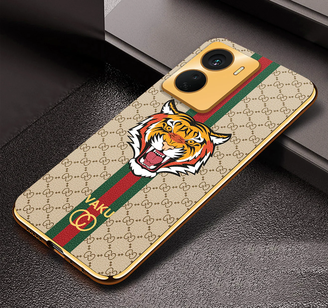 Vaku ® Vivo Y16 Lynx Designer Leather Pattern Gold Electroplated Soft TPU Back Cover Case