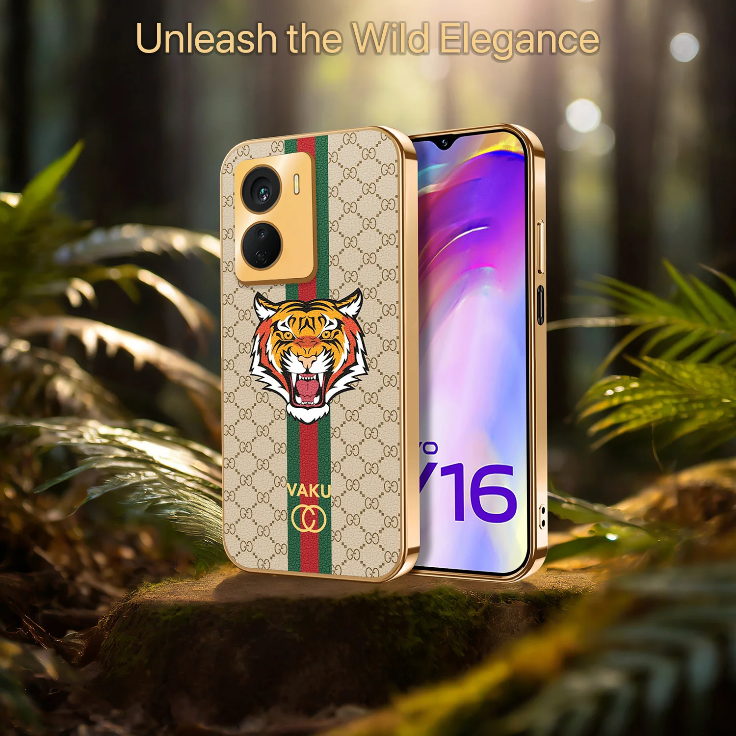 Vaku ® Vivo Y16 Lynx Designer Leather Pattern Gold Electroplated Soft TPU Back Cover Case - Image 12