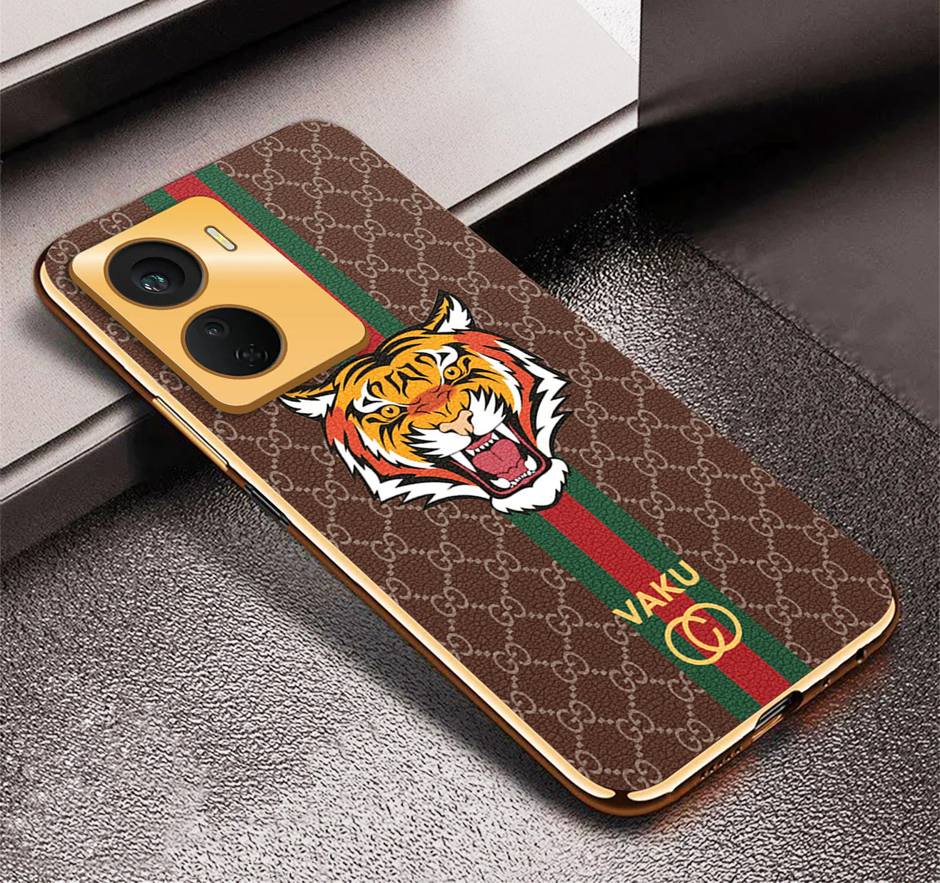 Vaku ® Vivo Y16 Lynx Designer Leather Pattern Gold Electroplated Soft TPU Back Cover Case - Image 13
