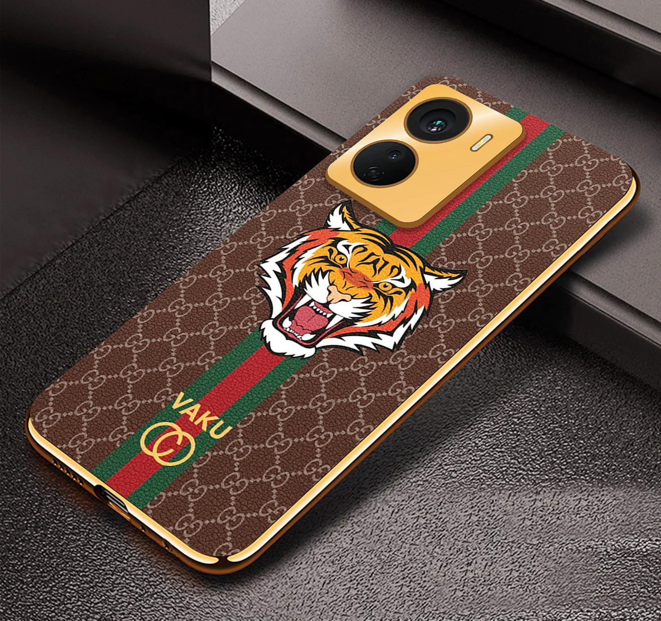 Vaku ® Vivo Y16 Lynx Designer Leather Pattern Gold Electroplated Soft TPU Back Cover Case - Image 4