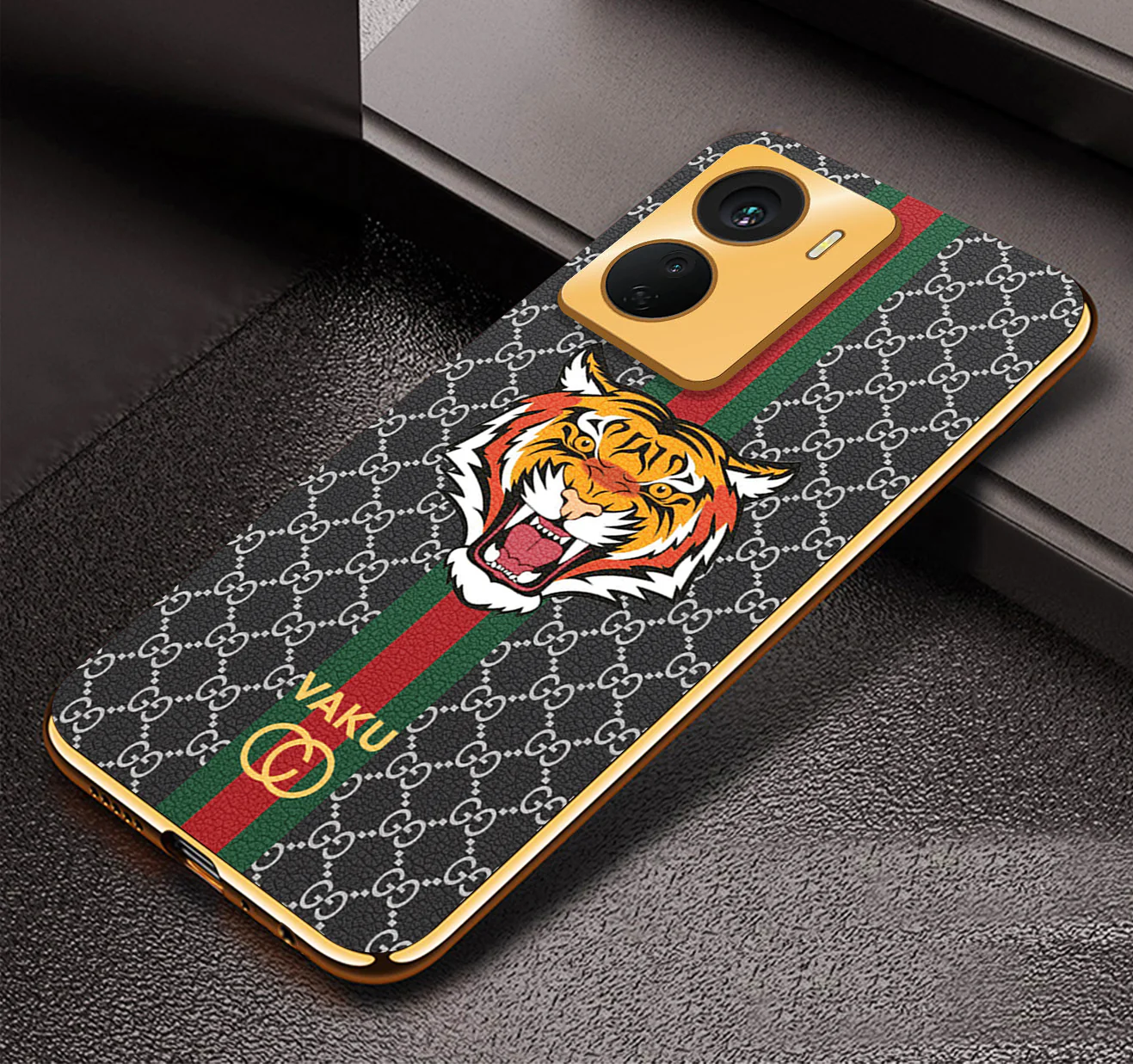 Vaku ® Vivo Y16 Lynx Designer Leather Pattern Gold Electroplated Soft TPU Back Cover Case - Image 6
