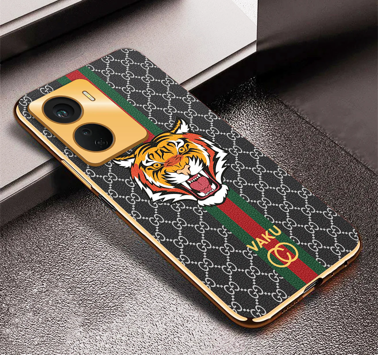 Vaku ® Vivo Y16 Lynx Designer Leather Pattern Gold Electroplated Soft TPU Back Cover Case - Image 9