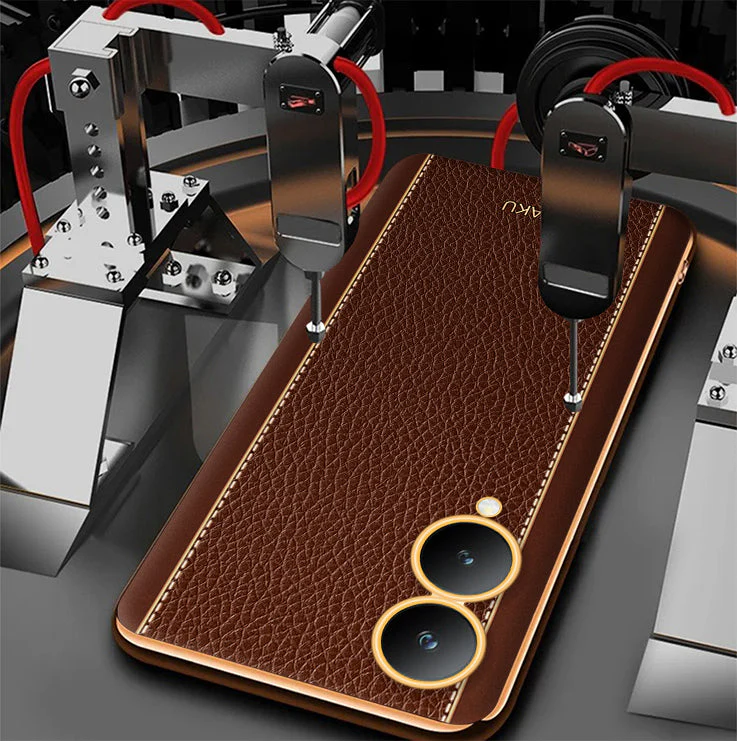 Vaku® Vivo Y17s Luxemberg Leather Stitched Gold Electroplated Soft TPU Back Cover Case - Image 11