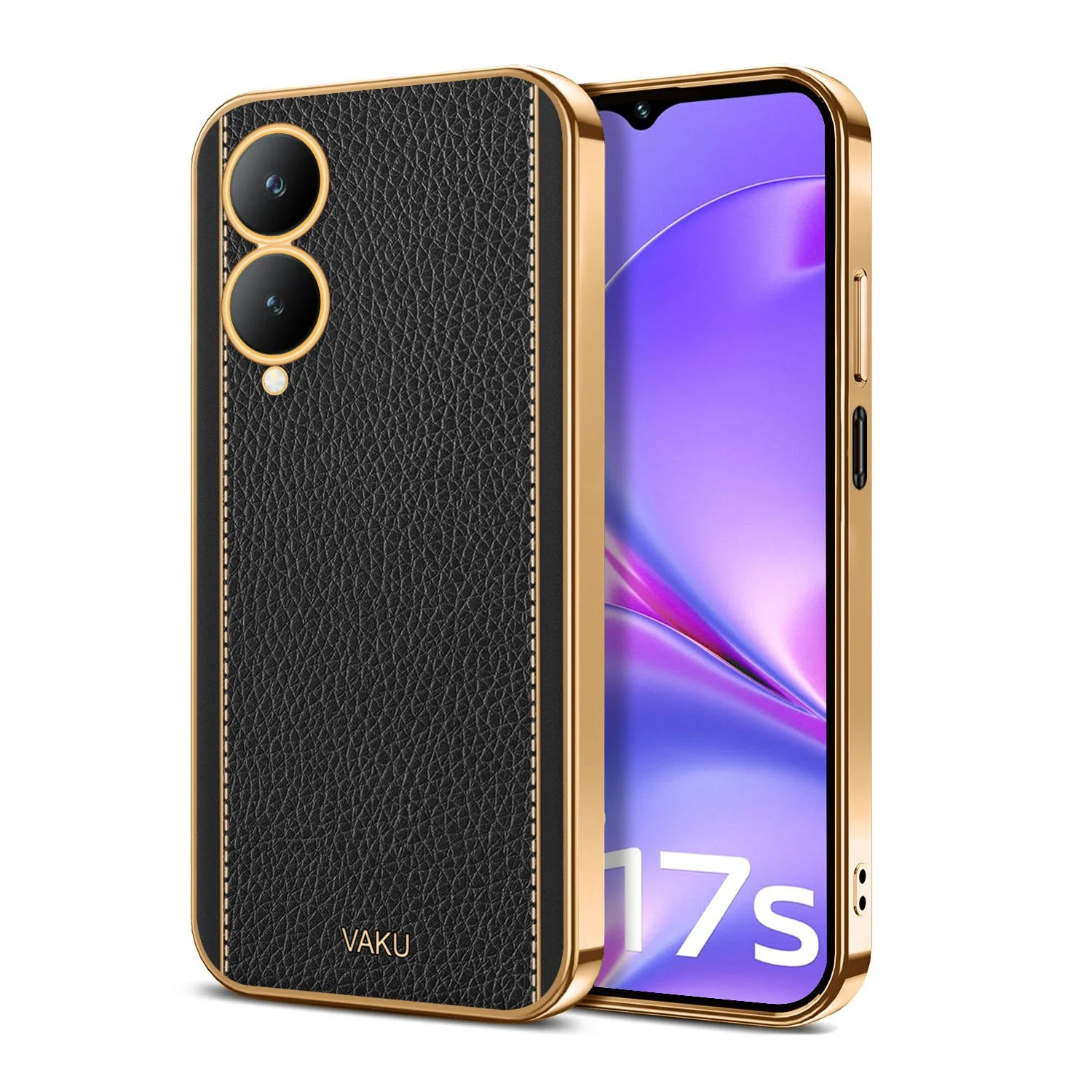 Vaku® Vivo Y17s Luxemberg Leather Stitched Gold Electroplated Soft TPU Back Cover Case - Image 12