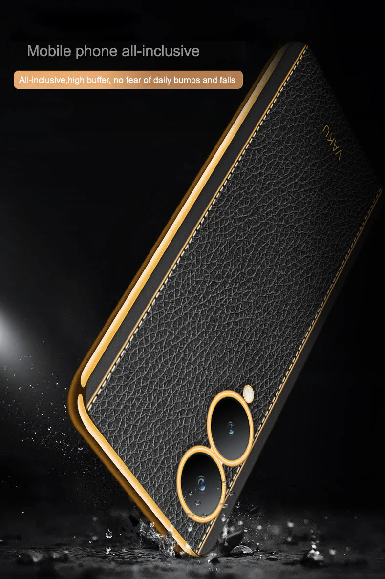 Vaku® Vivo Y17s Luxemberg Leather Stitched Gold Electroplated Soft TPU Back Cover Case - Image 13