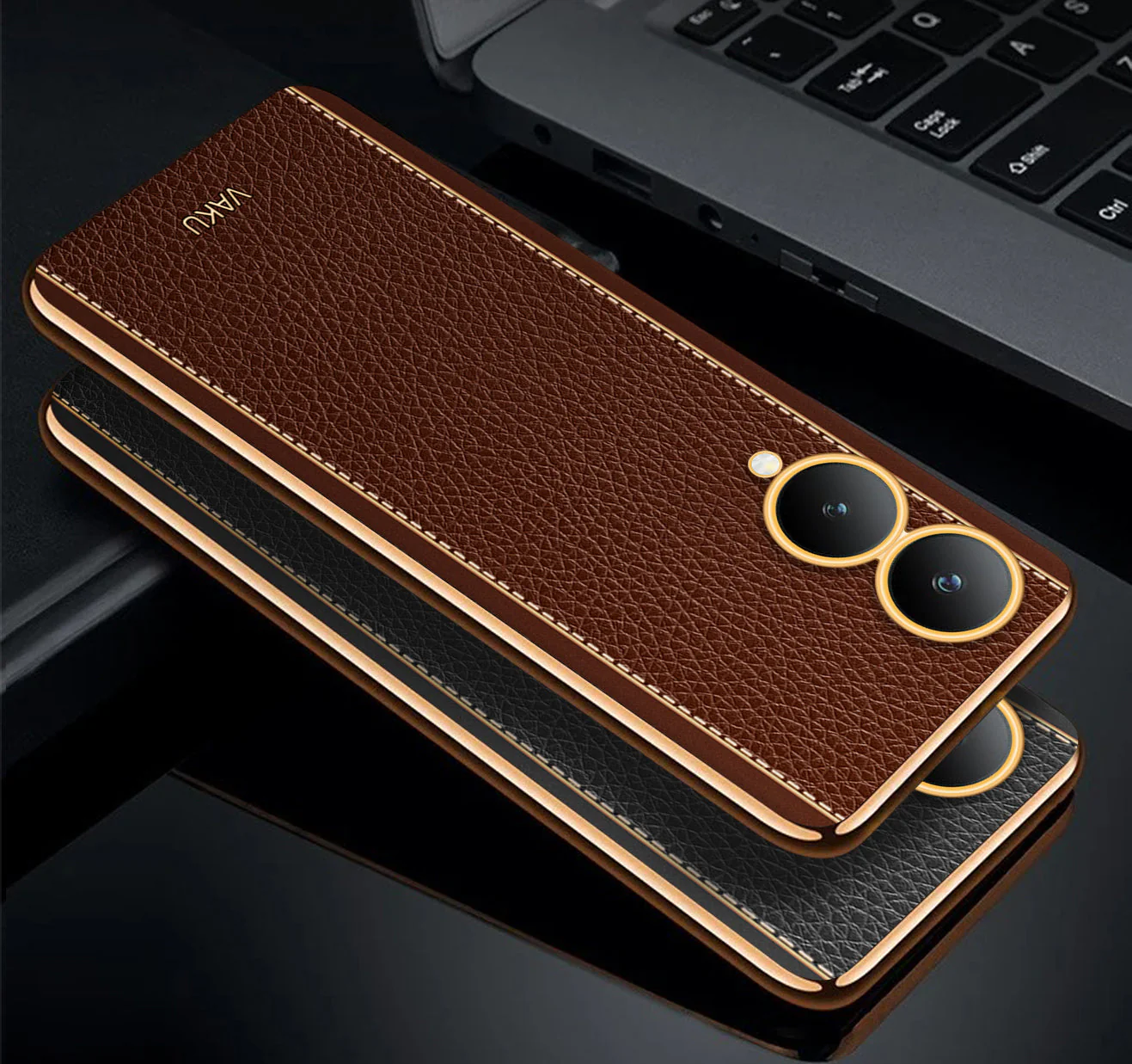 Vaku® Vivo Y17s Luxemberg Leather Stitched Gold Electroplated Soft TPU Back Cover Case - Image 14