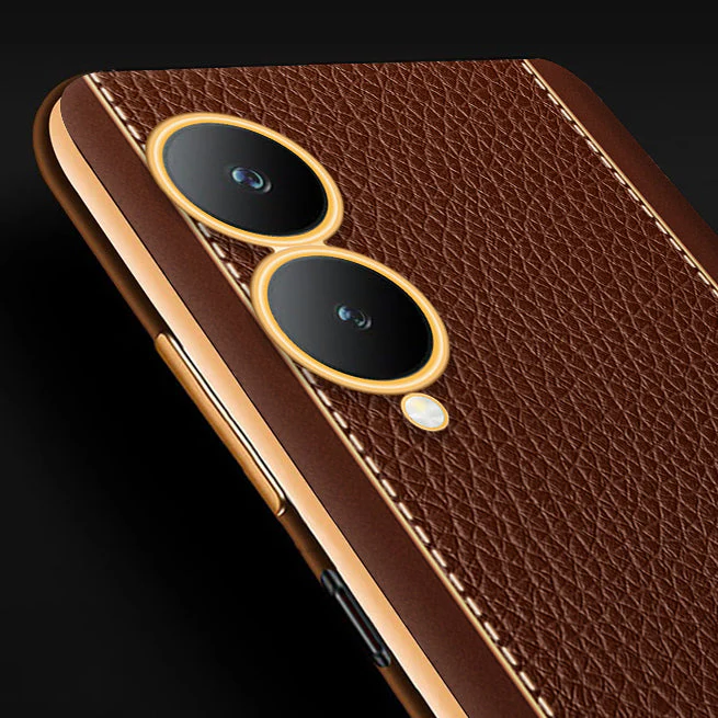 Vaku® Vivo Y17s Luxemberg Leather Stitched Gold Electroplated Soft TPU Back Cover Case - Image 2